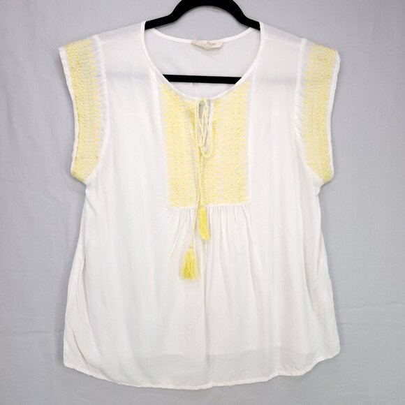 Solitaire Embroidered Blouse Womens Medium Boho Short Cap Sleeve Tassel - Picture 1 of 8